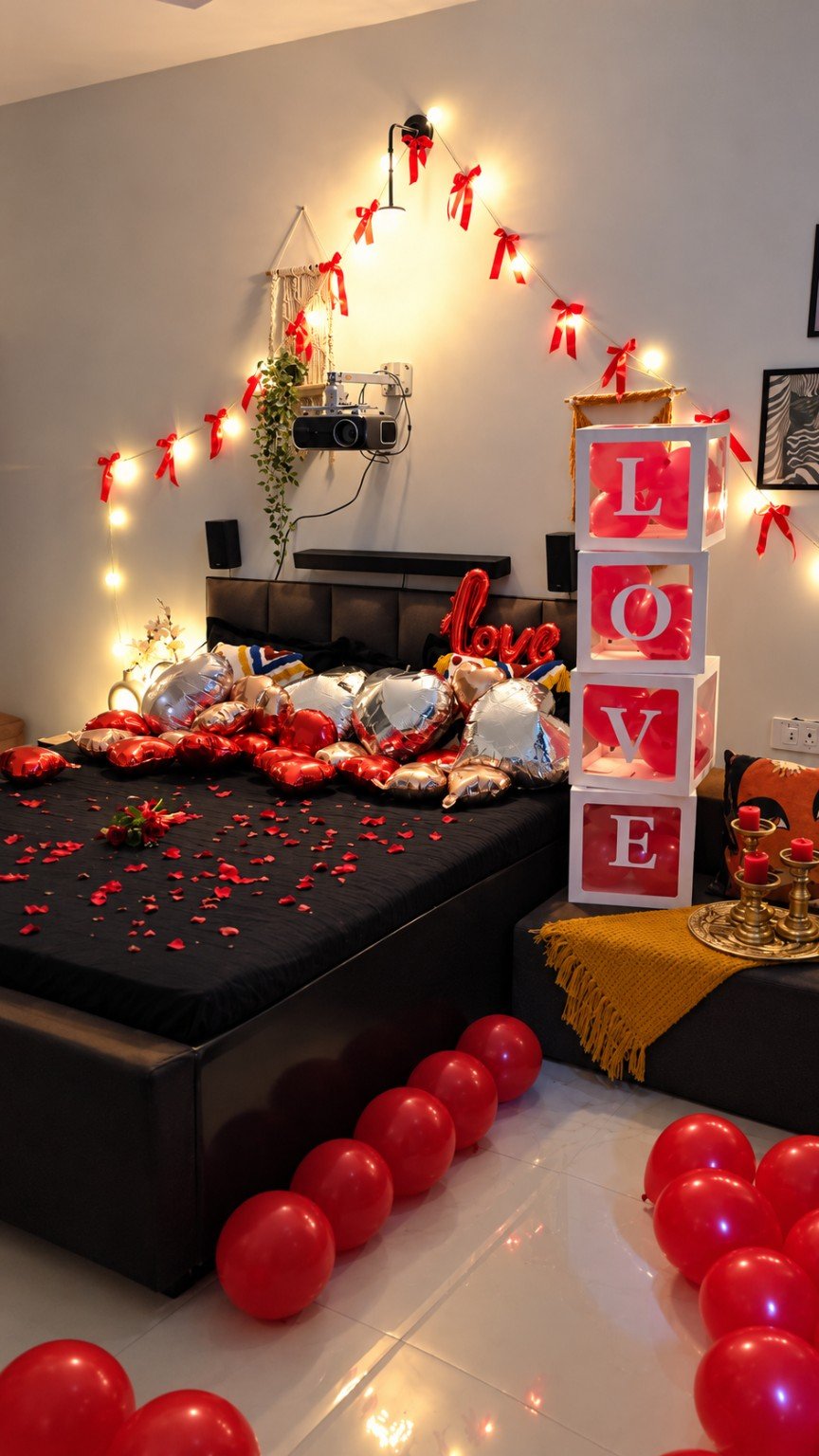 Romantic bedroom décor with red ribbons, warm lights, heart balloons and LOVE boxes