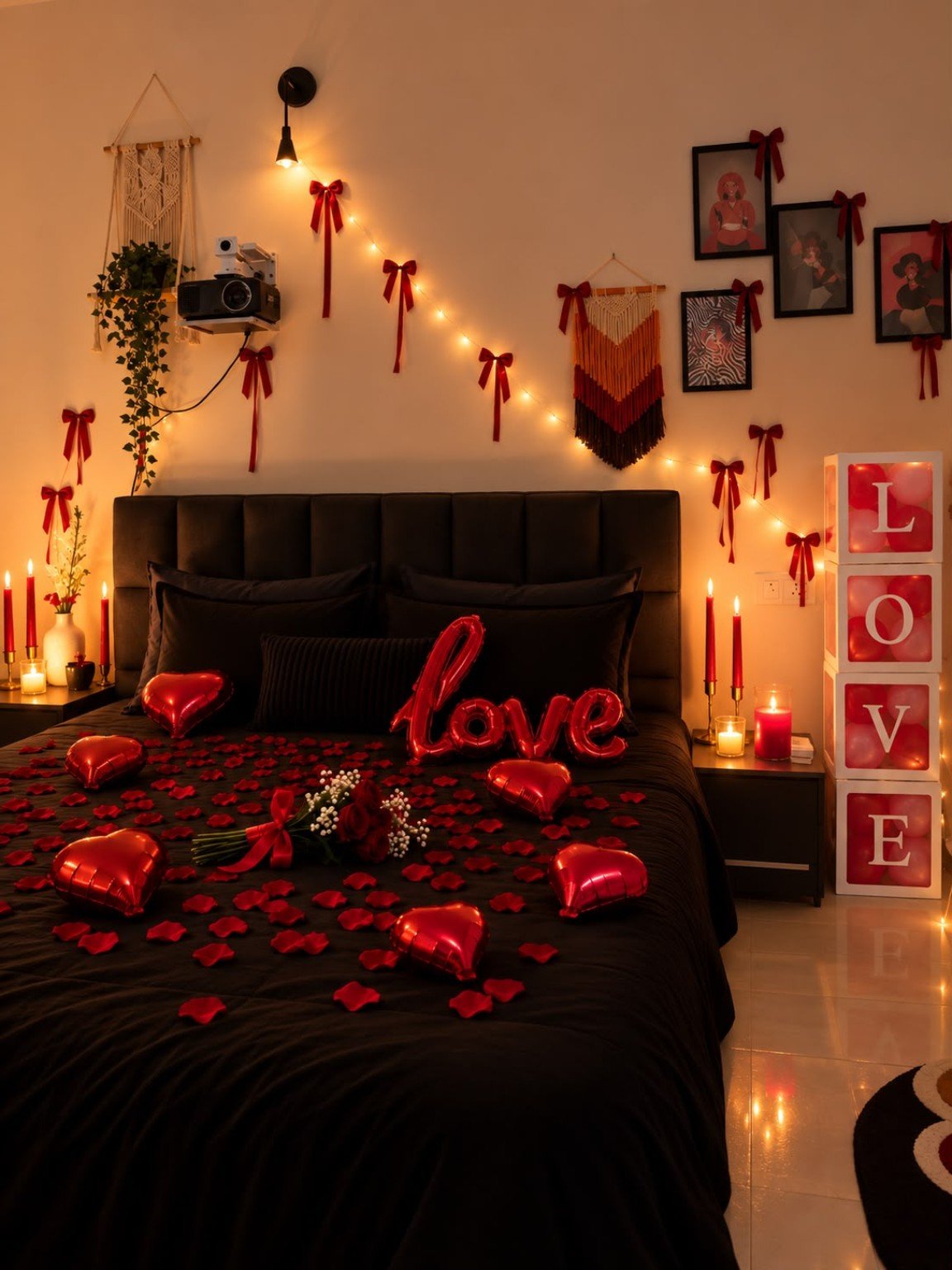 Romantic bedroom setup with rose petals, red heart balloons, candles and illuminated LOVE boxes
